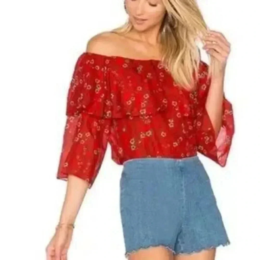 ALICE + OLIVIA Meagan Off-the-Shoulder Double Layer Floral Top Size XS 